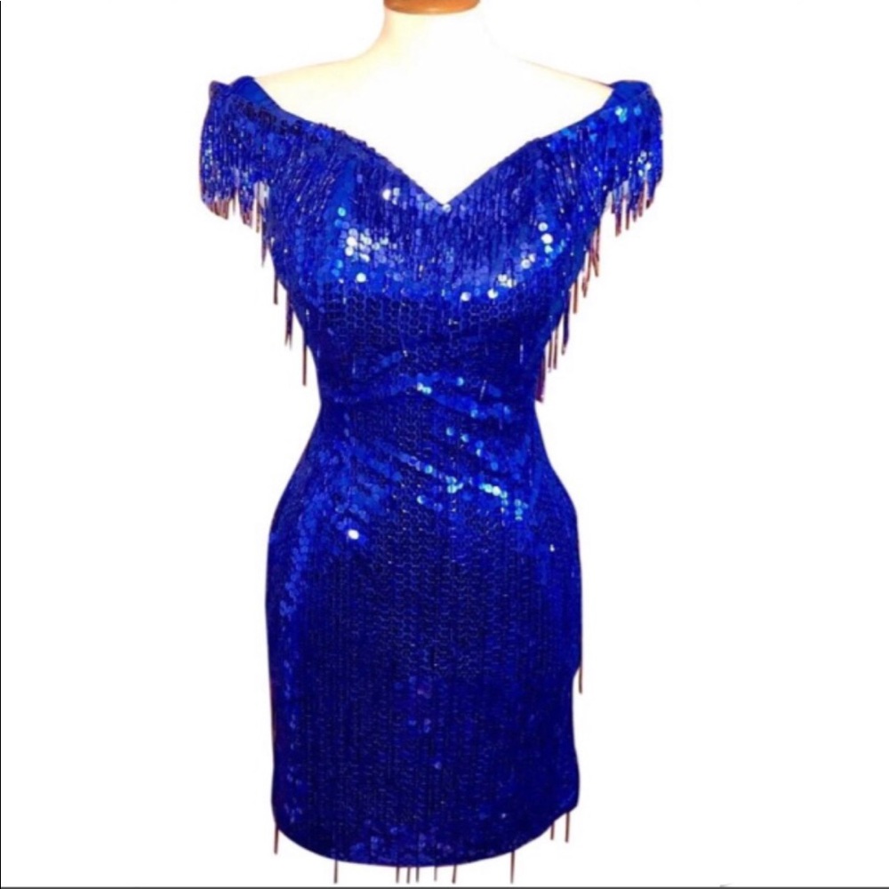 NADINE PETITE•ROYAL BLUE BEADED SEQUIN DRESS - Picture 2 of 7